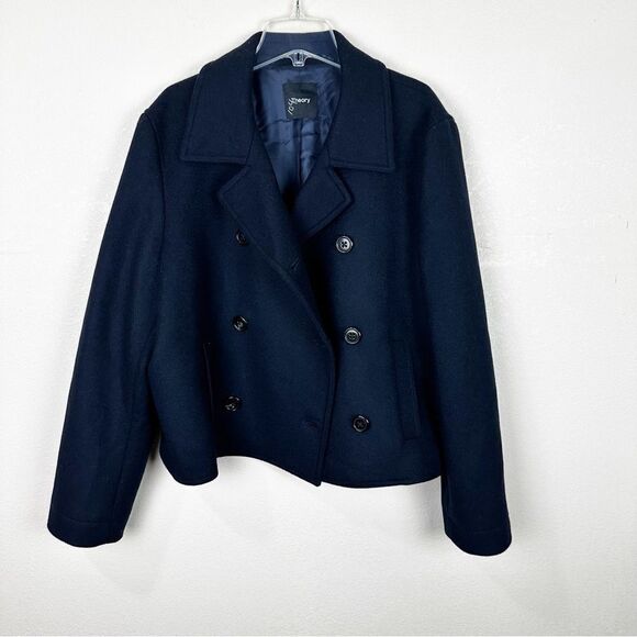 Theory Wool Navy Double Breasted Crop Trench Coat Jacket Size 16 - Picture 1 of 6
